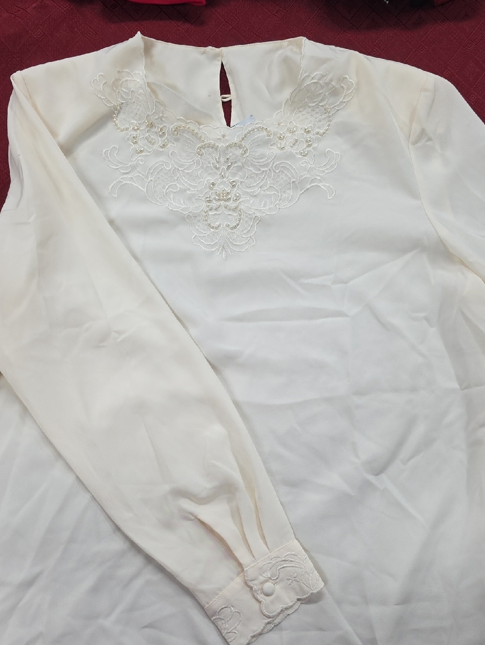Bobbie Brooks Cream Embroidered Beaded Long-Sleeve Blouse